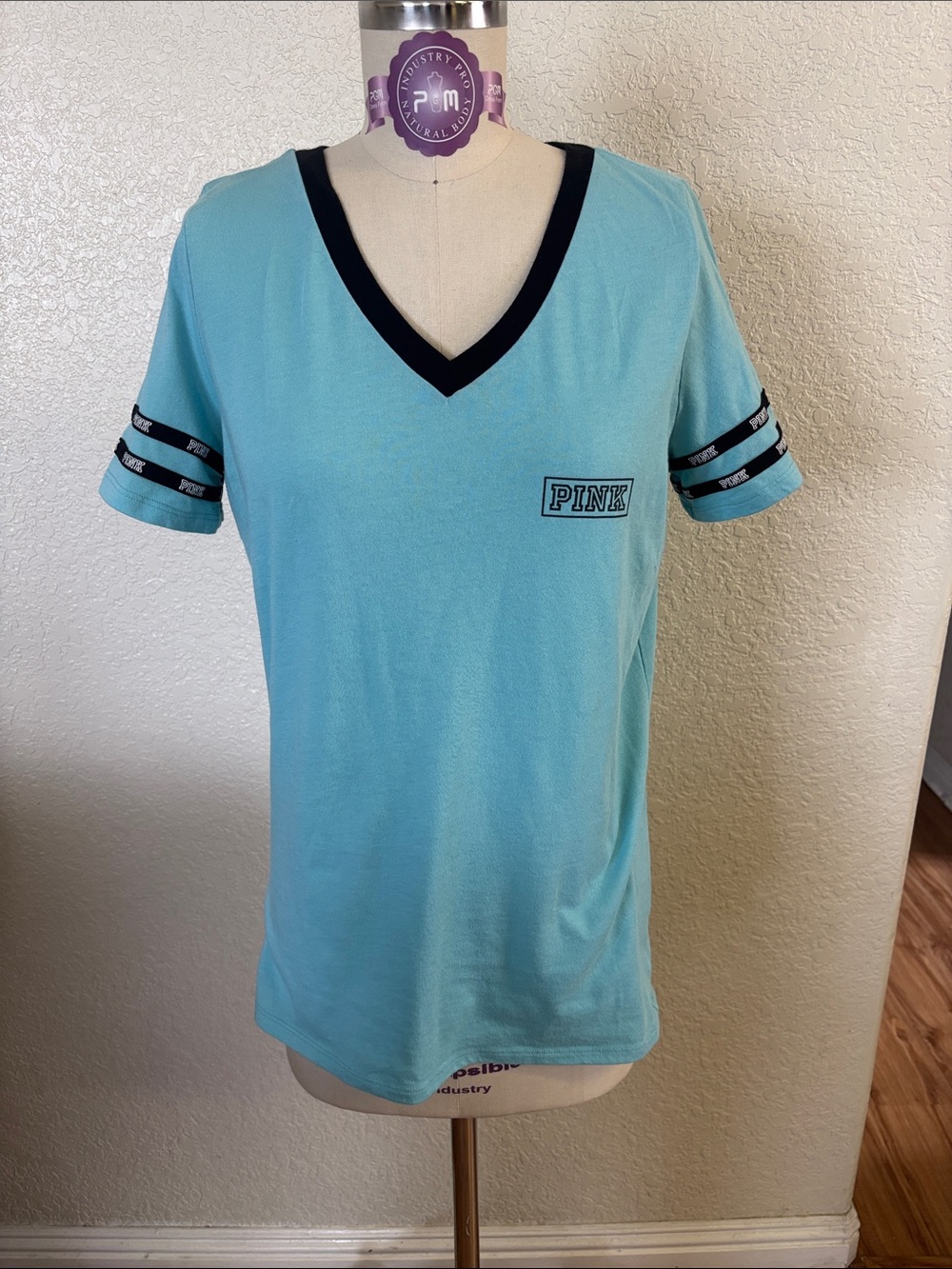 PINK Victoria's Secret Light Blue V-Neck Tee with Black Trim